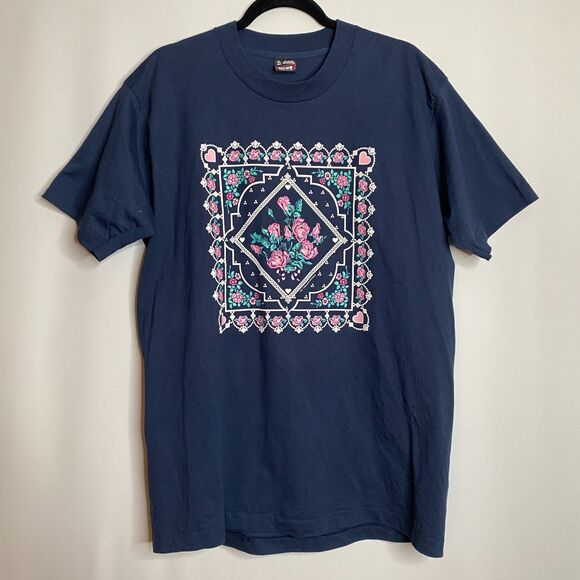 Vintage Single Stitch T-Shirt Valentine Artsy Crafty Puff Print Hearts Roses XL - Picture 1 of 10